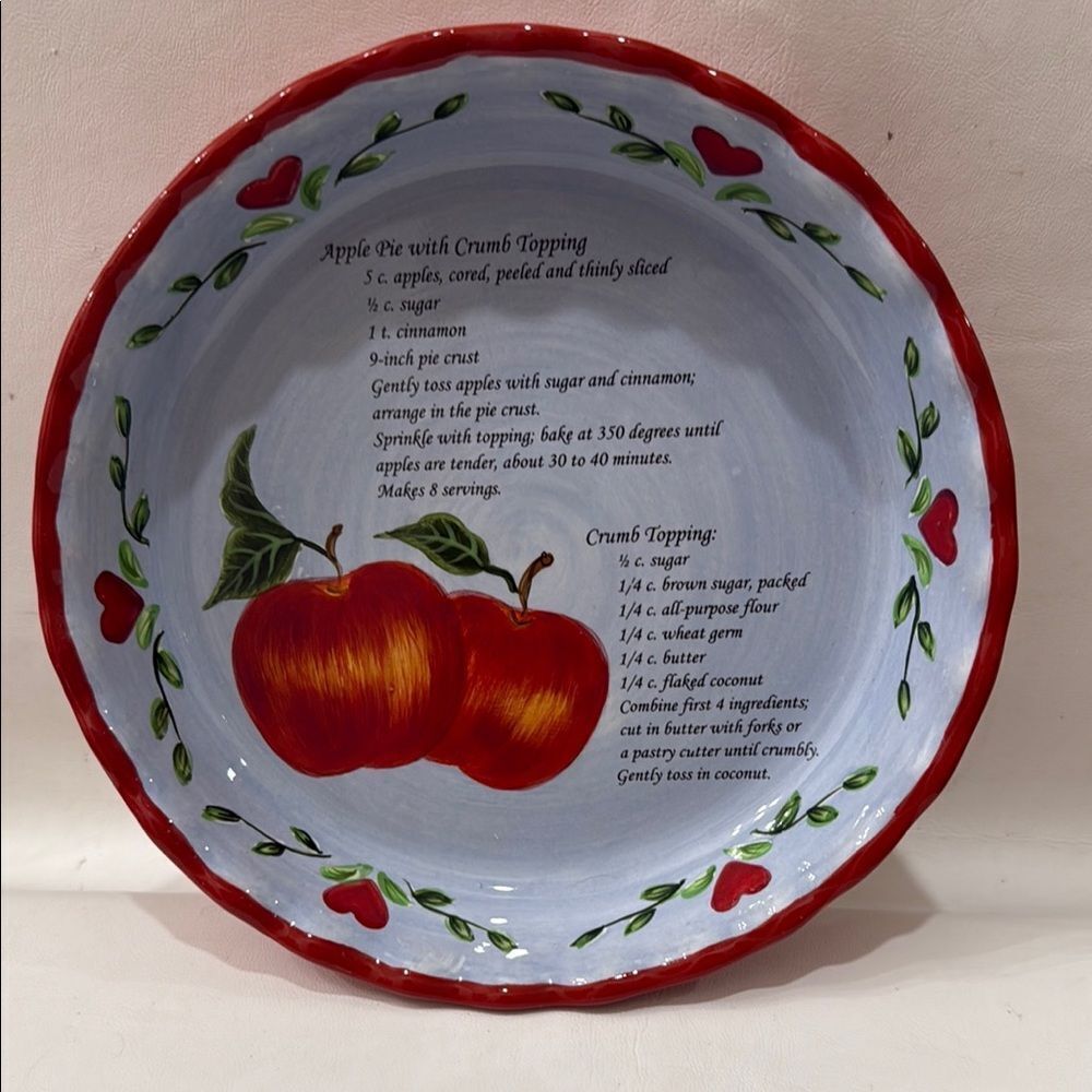 Pie Dish Red Blue Ceramic Baking Serving Cookware Recipe 9 3/4 X 1 3/4 In Tall